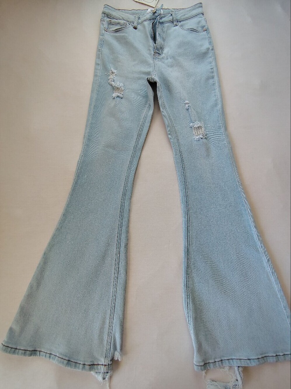 Angel Light Blue Flare Jeans with Distressed Details Size 15.